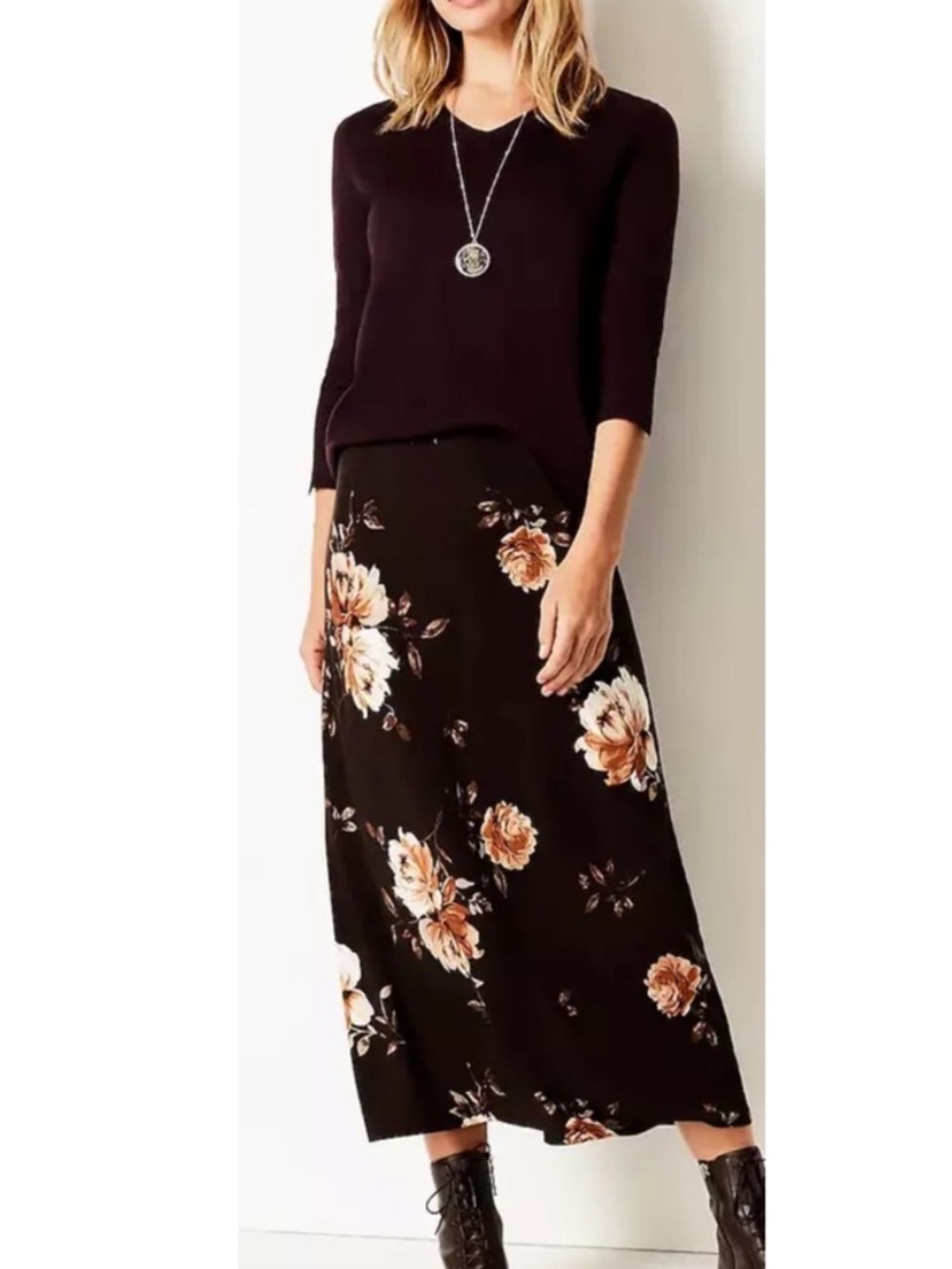 NWT J. Jill Floral Maxi Skirt Brown Tan White Knit Elastic Waist Plus 2X RN97641